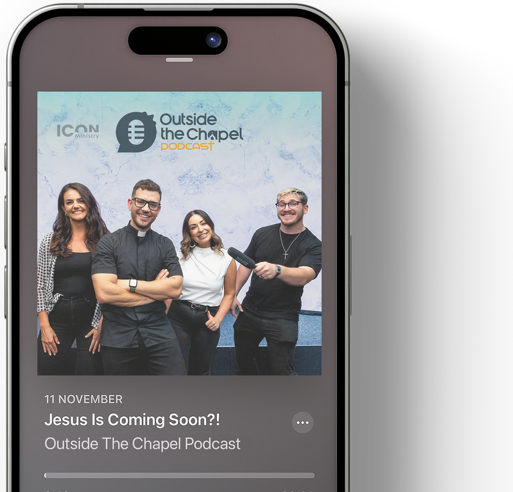 An Outside The Chapel episode playing in a podcast app on a phone.